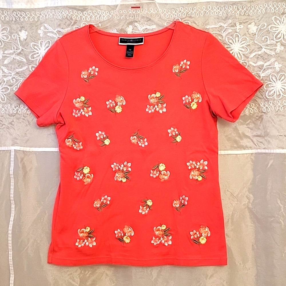 Karen Scott Coral Embroidered Flowers T-shirt, PM